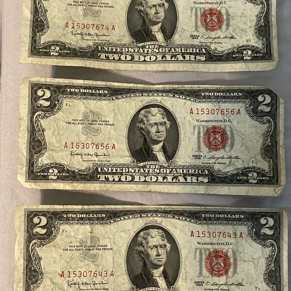 Vintage Two Dollar Bills 1963 series